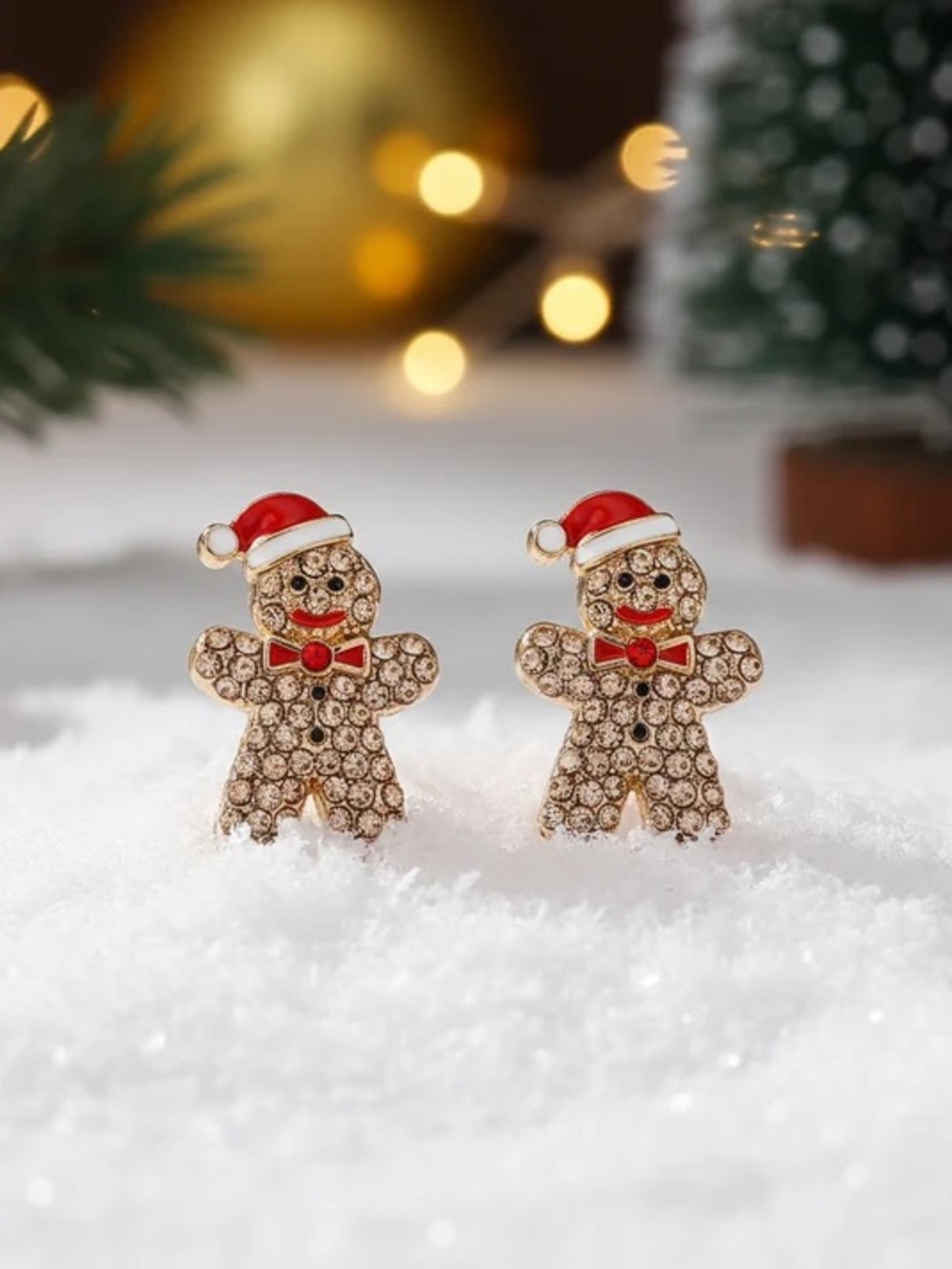 Gold Gingerbread Man Stud Earrings with Red Accents